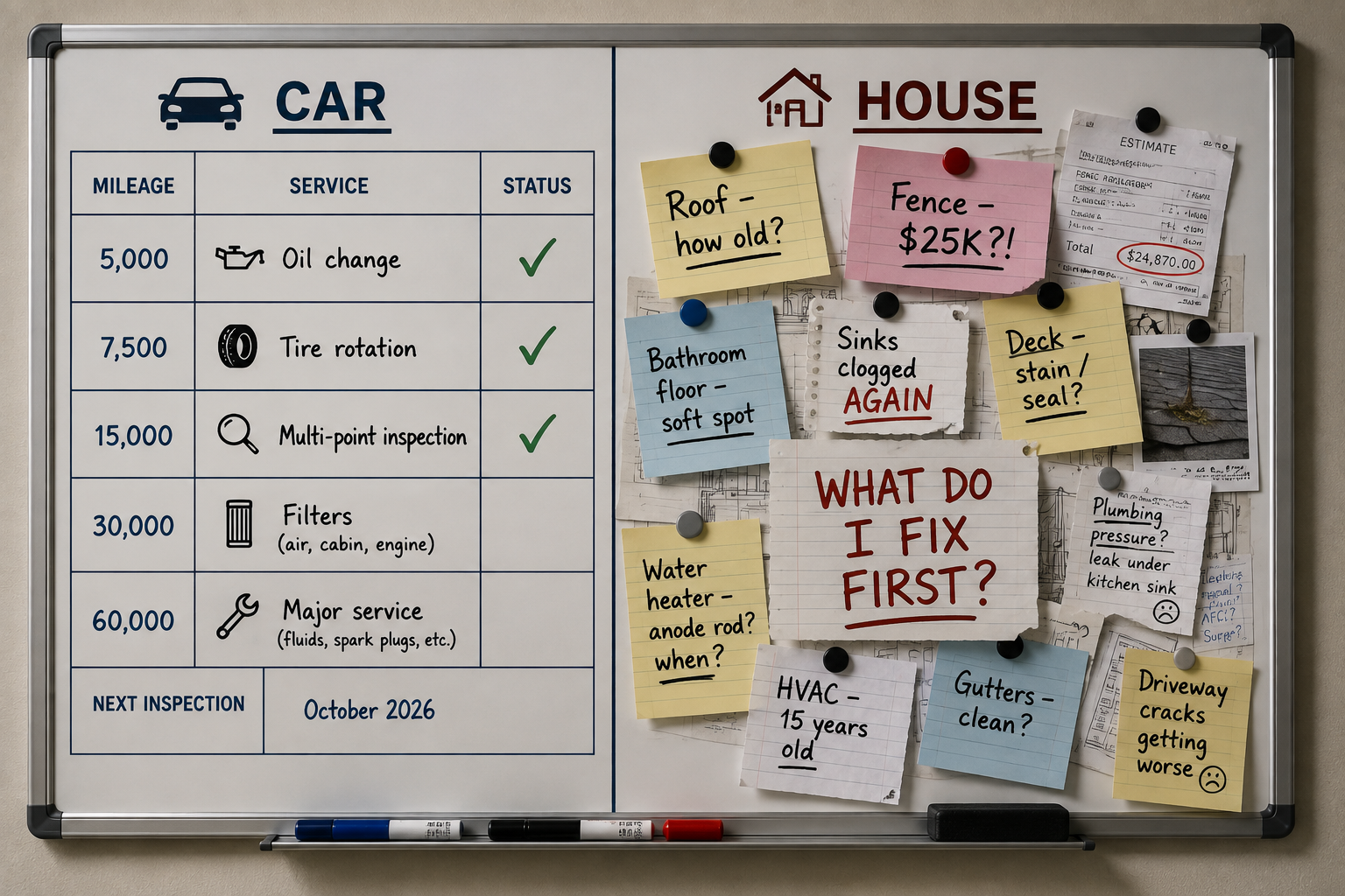 A split whiteboard comparing a clear car maintenance schedule with a messy collection of unanswered house maintenance notes and the question: What do I fix first?