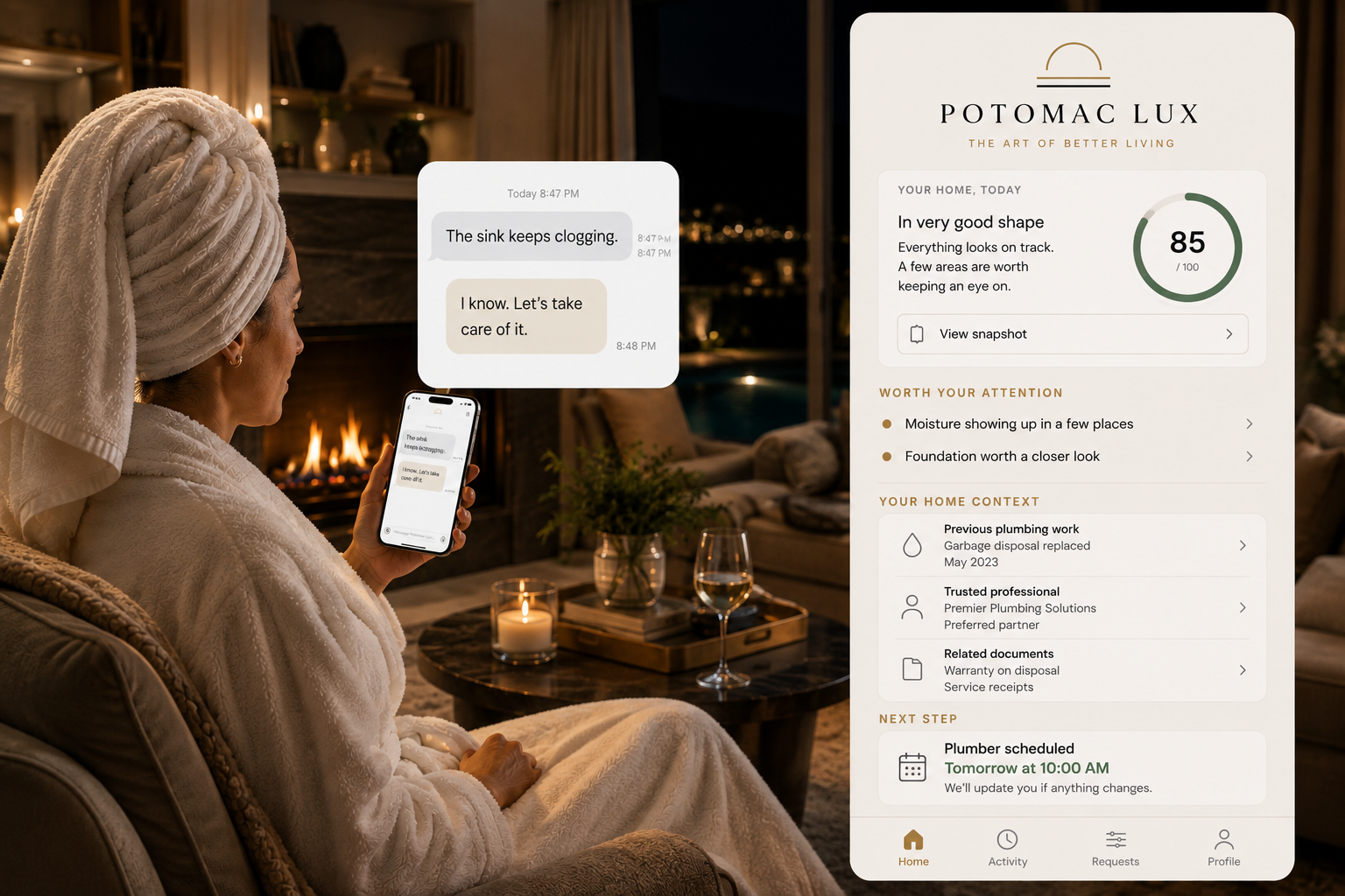 A relaxed homeowner messaging that the sink keeps clogging while Potomac Lux presents the home's health, previous plumbing work, trusted professional, related documents, and a plumber scheduled for tomorrow.