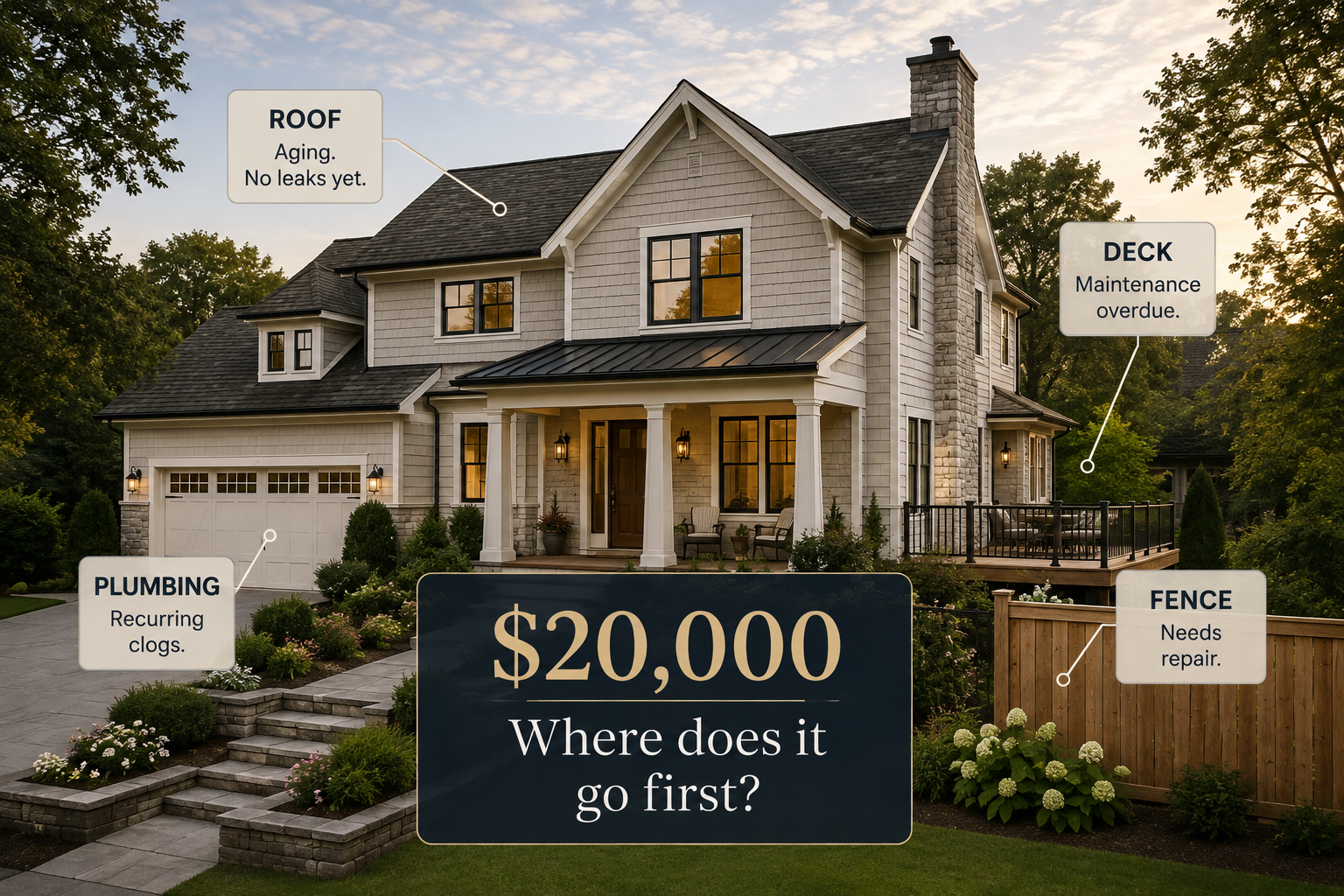 An exterior home marked with an aging roof, overdue deck maintenance, recurring plumbing clogs, and a fence needing repair around the question: $20,000—where does it go first?