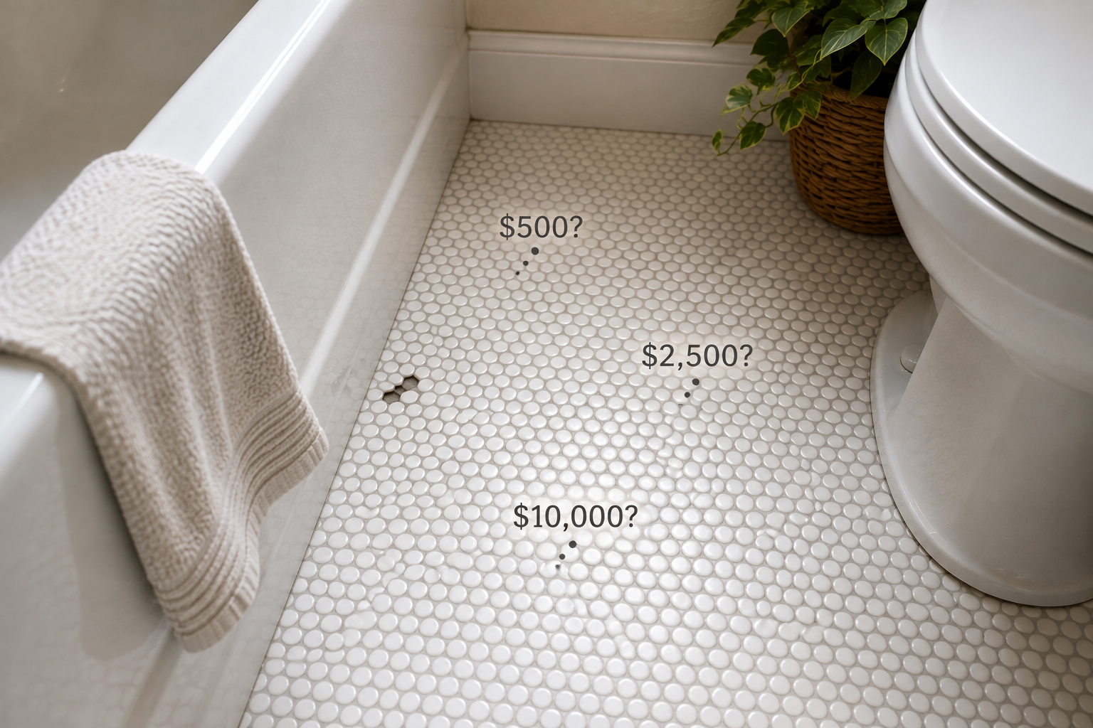 A small soft spot in a white penny-tile bathroom floor surrounded by three imagined repair prices: $500, $2,500, and $10,000.