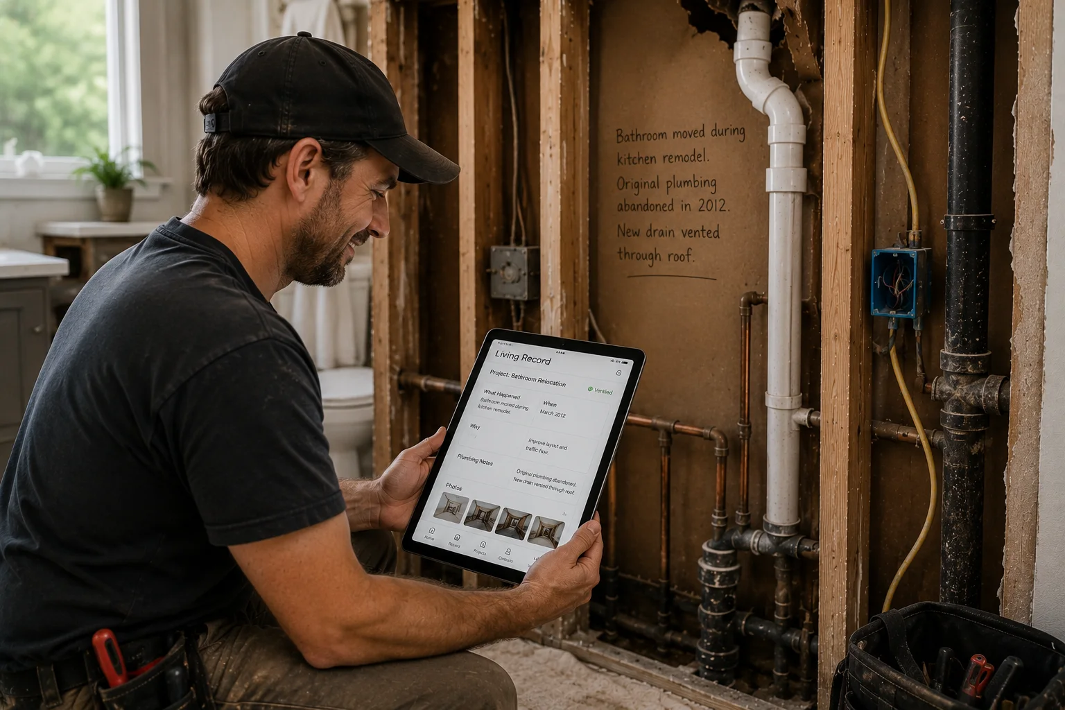 A contractor reviewing a home's living record on a tablet beside exposed plumbing.