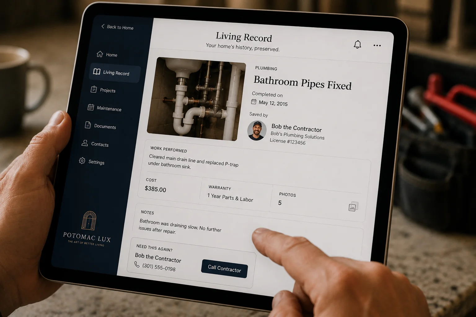 A homeowner viewing a preserved repair record on a tablet, showing the contractor and work history years later.