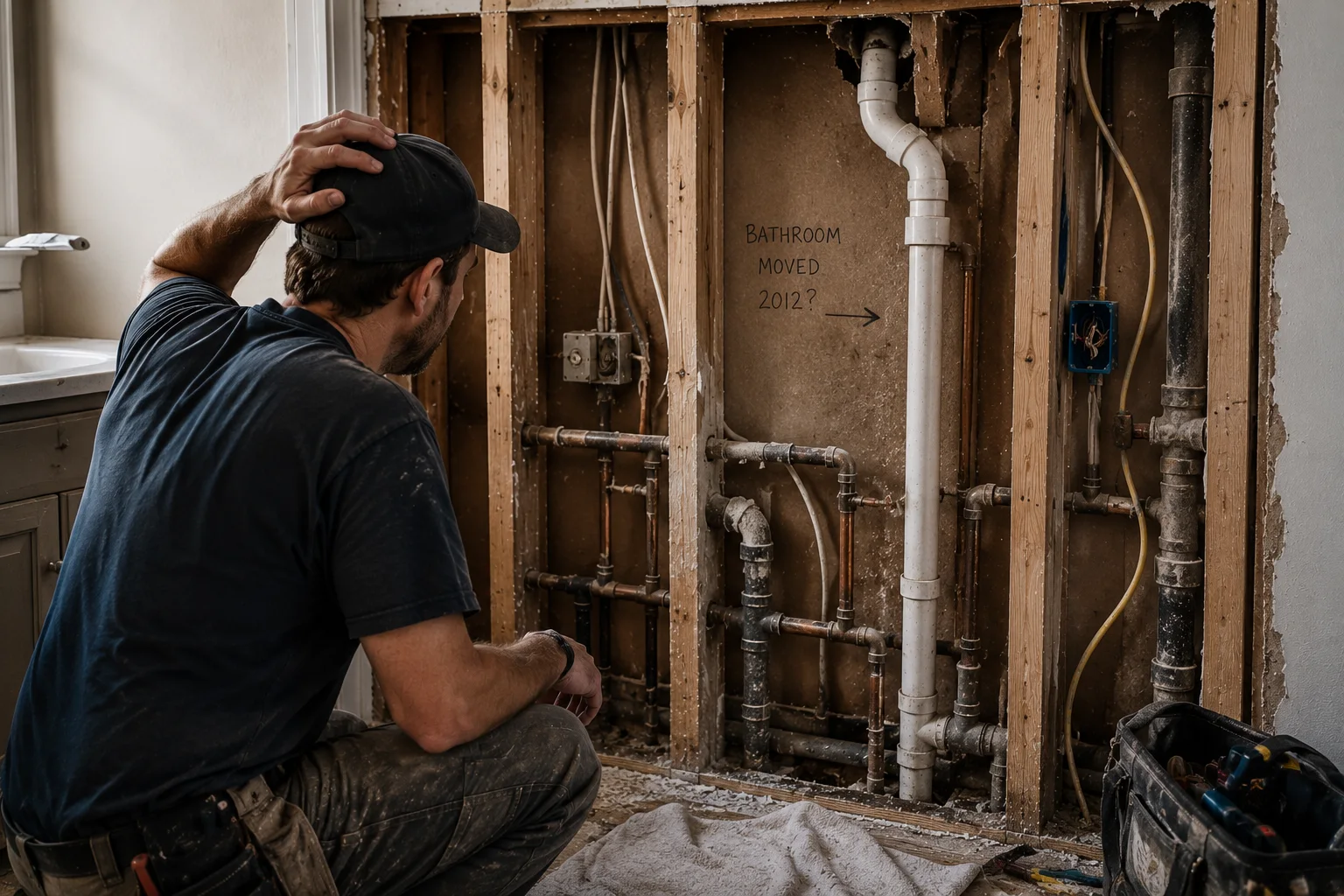 A contractor studying exposed plumbing and wiring inside an opened wall.
