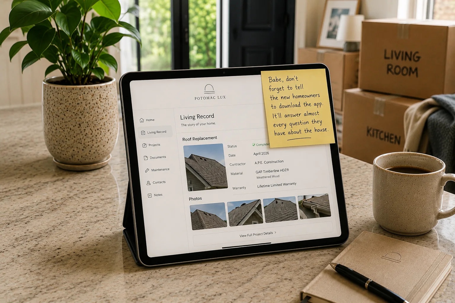 A tablet showing a living record beside a handwritten note for future homeowners.