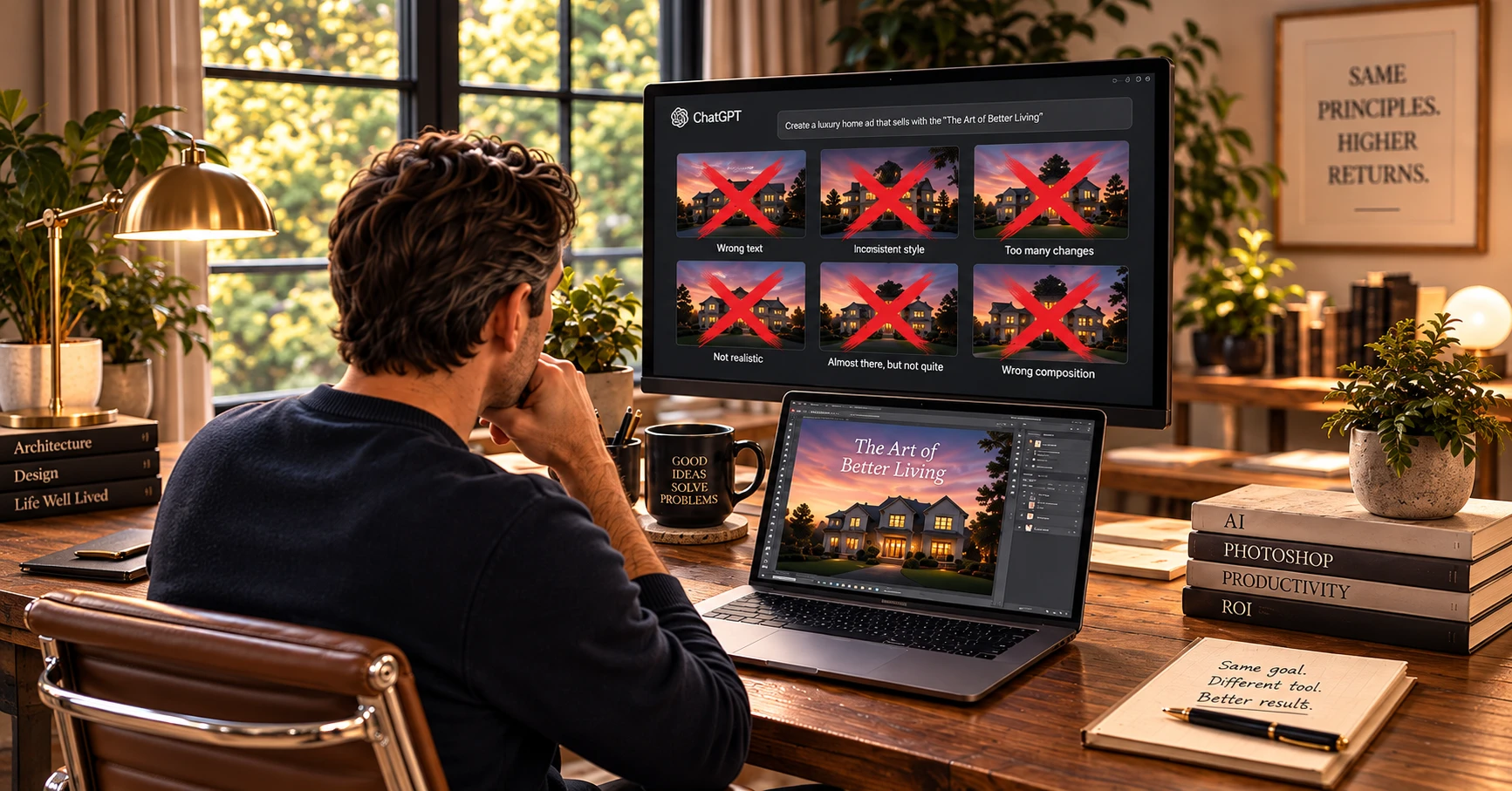 A professional compares failed AI image attempts marked with red Xs on an upper monitor with the successful finished result on a lower screen.
