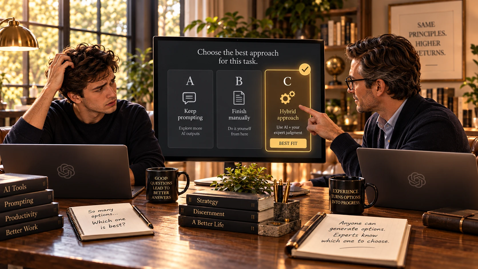 An experienced professional chooses a hybrid approach from AI, manual, and hybrid options while a colleague considers the alternatives.