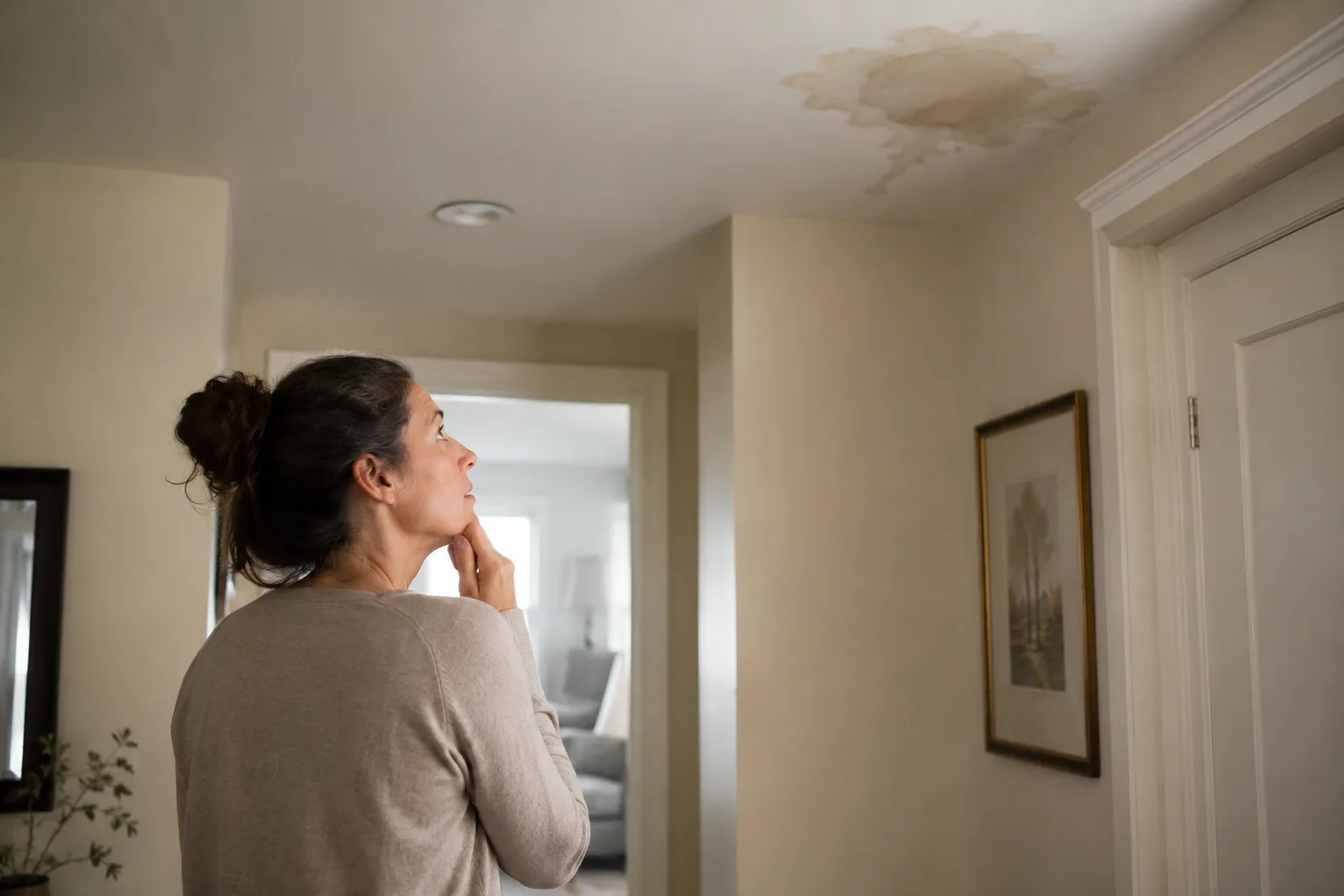 A homeowner looking up at a water stain on the ceiling, unsure whether the issue is serious.