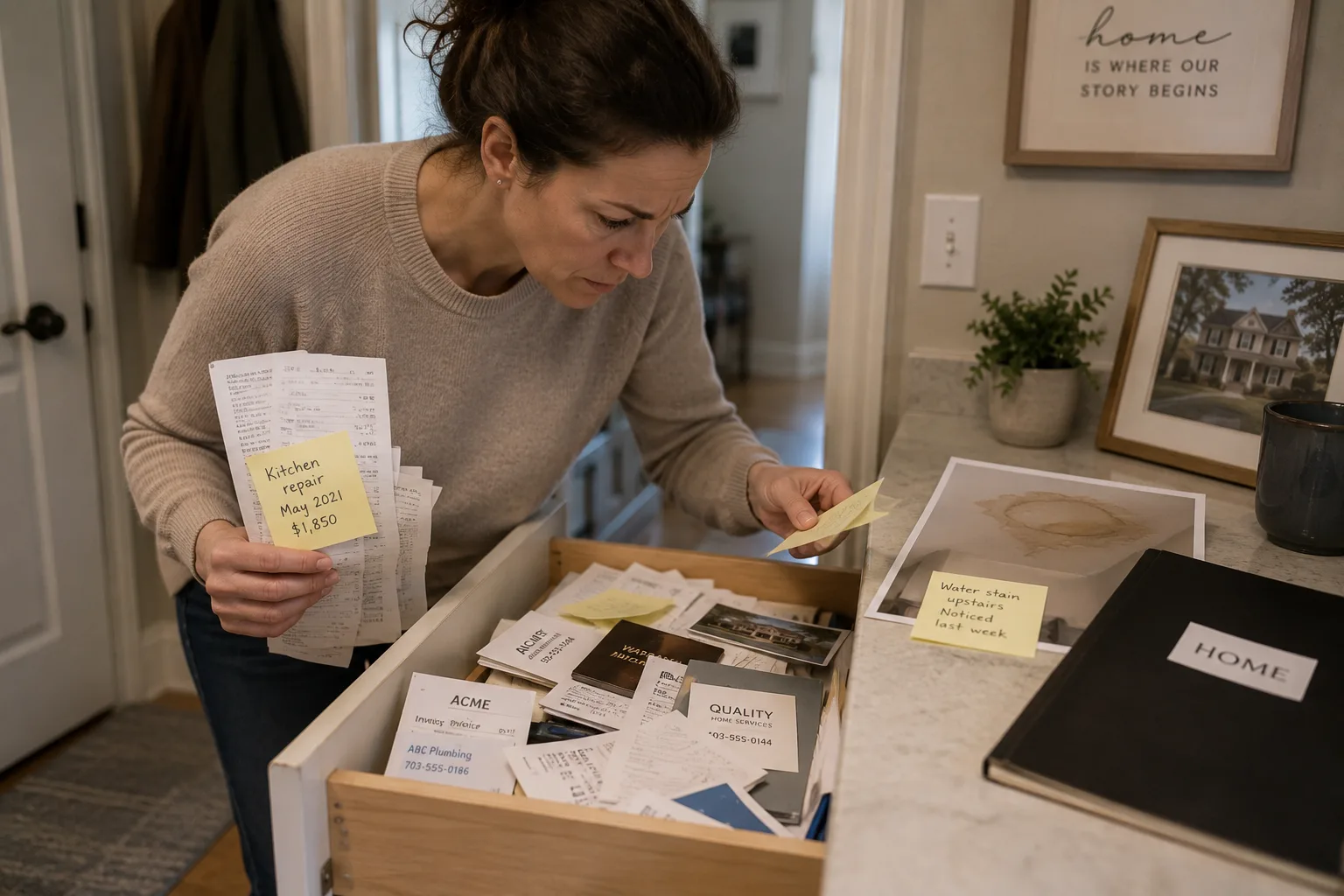 A homeowner sorting through scattered home records, receipts, and photos while trying to understand a water stain.