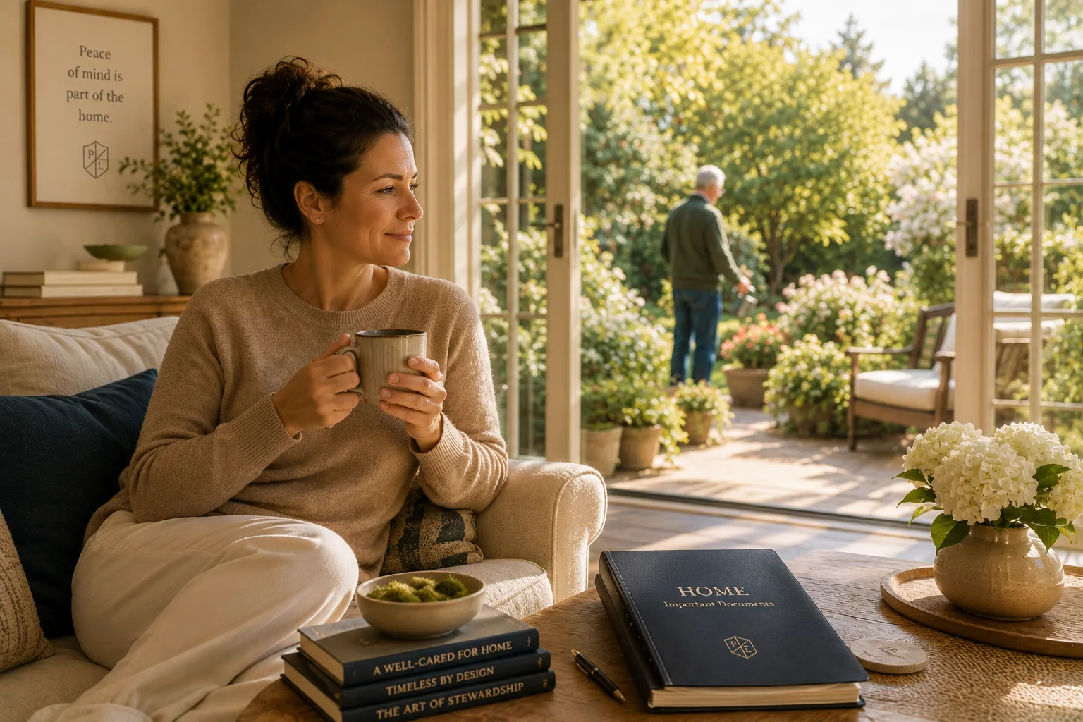 A homeowner resting calmly with organized home records nearby after gaining clarity about a home concern.