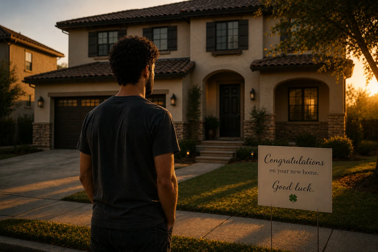 A young homeowner standing outside his first home moments after closing, realizing nobody taught him what comes next.