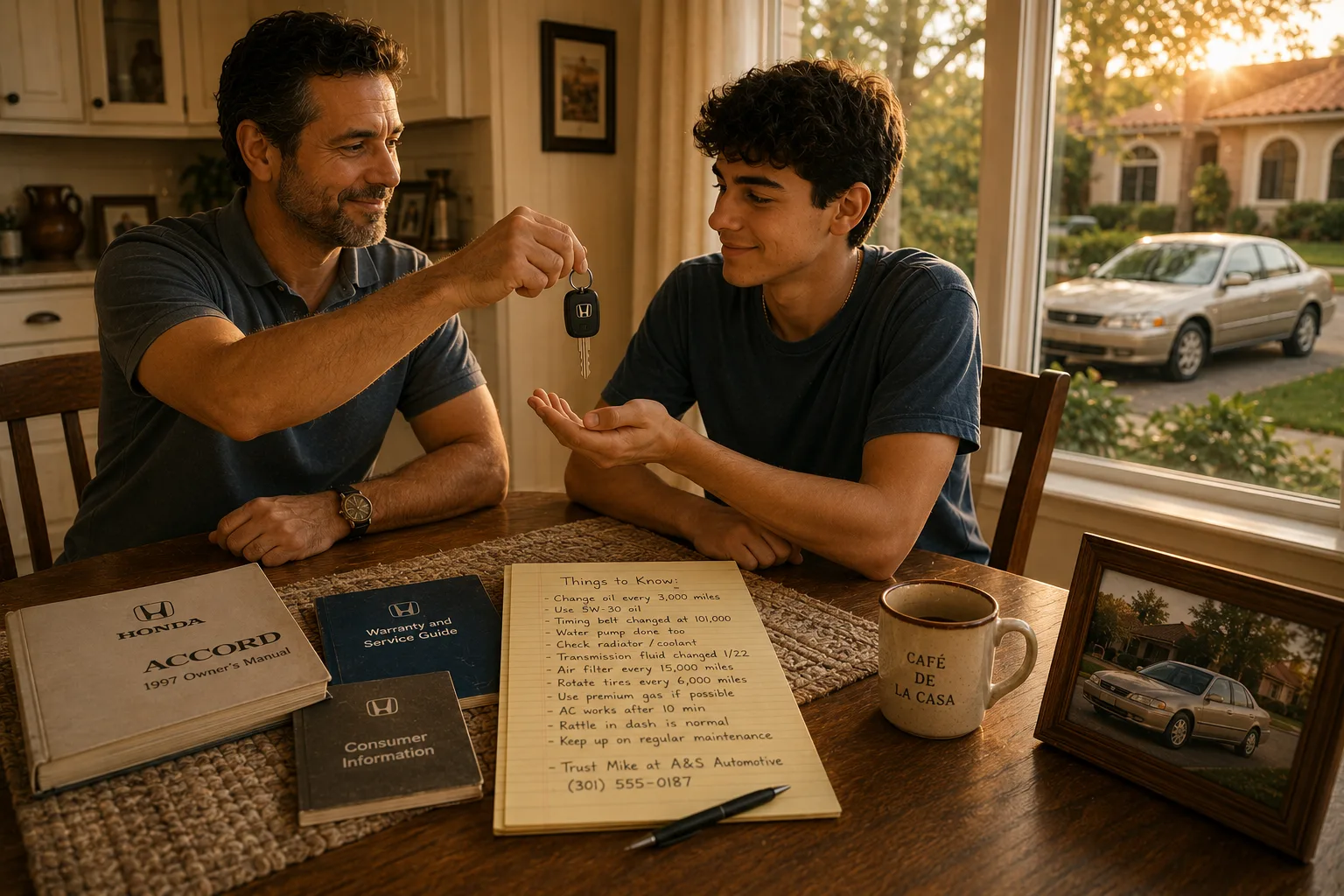 A father passing years of maintenance knowledge to his son as he hands over the keys to his first Honda.