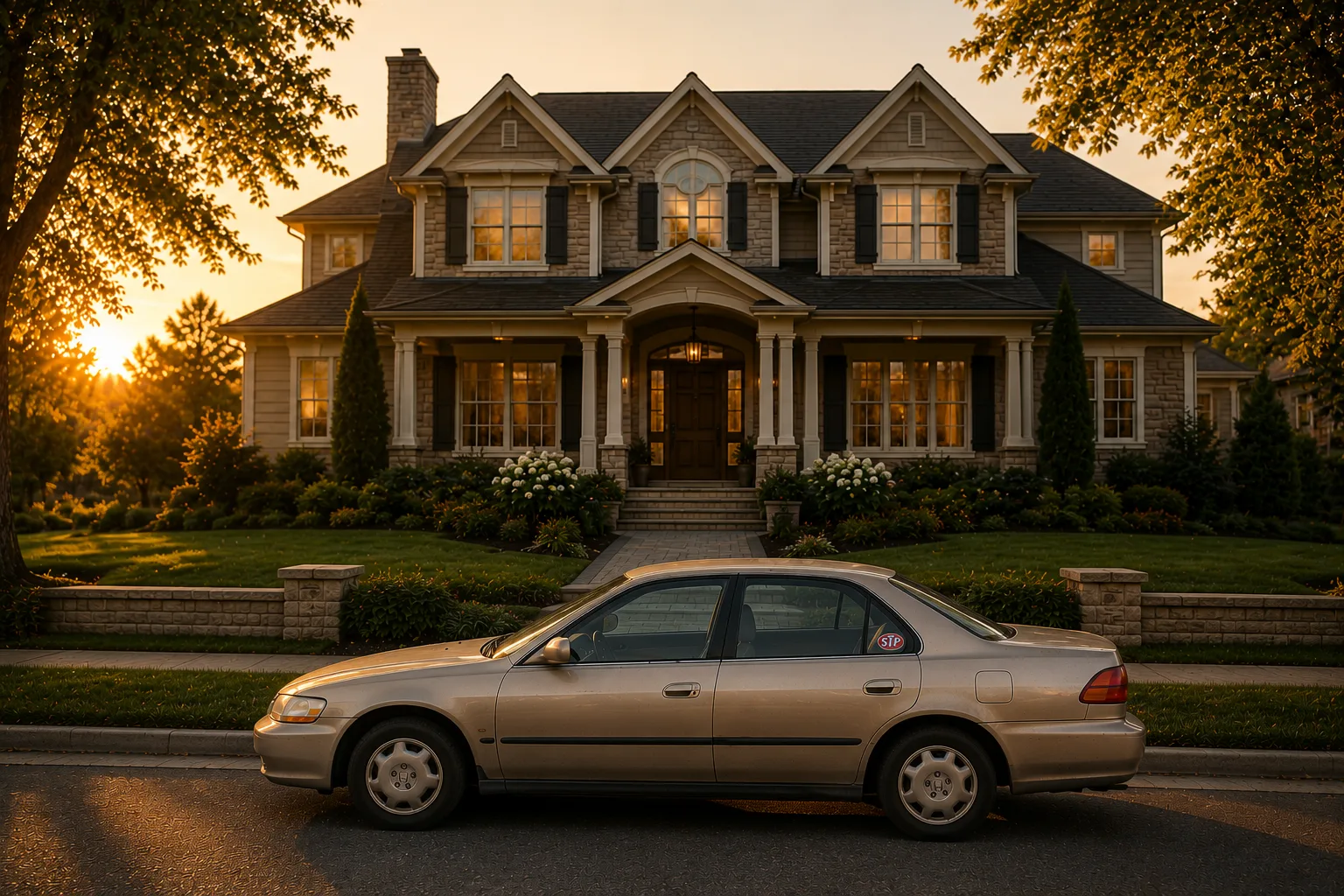 Late-1990s Honda parked in front of a luxury home at golden hour.