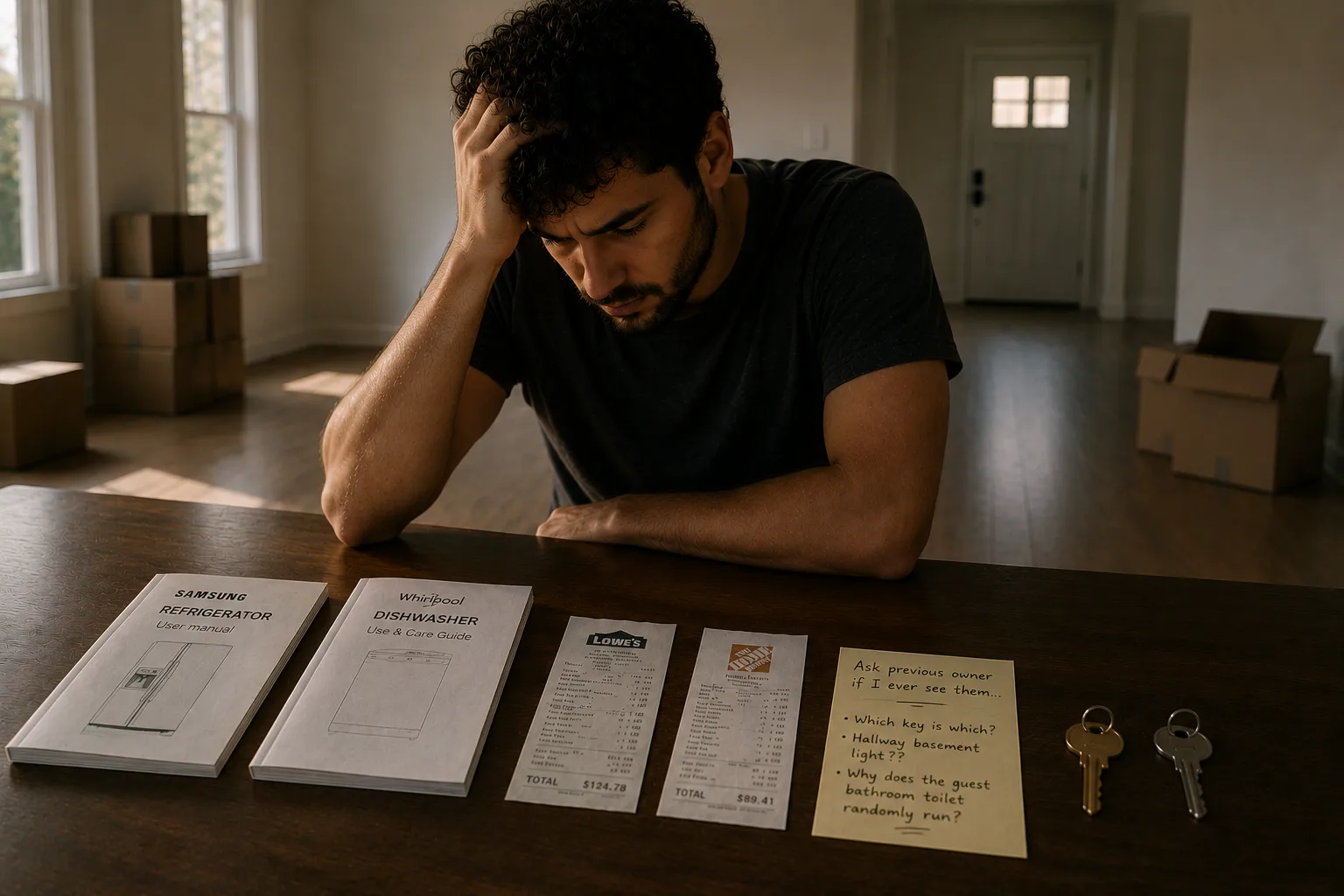 A homeowner sitting alone in an empty house with appliance manuals, two receipts, two unlabeled keys, and a handwritten list of unanswered questions.