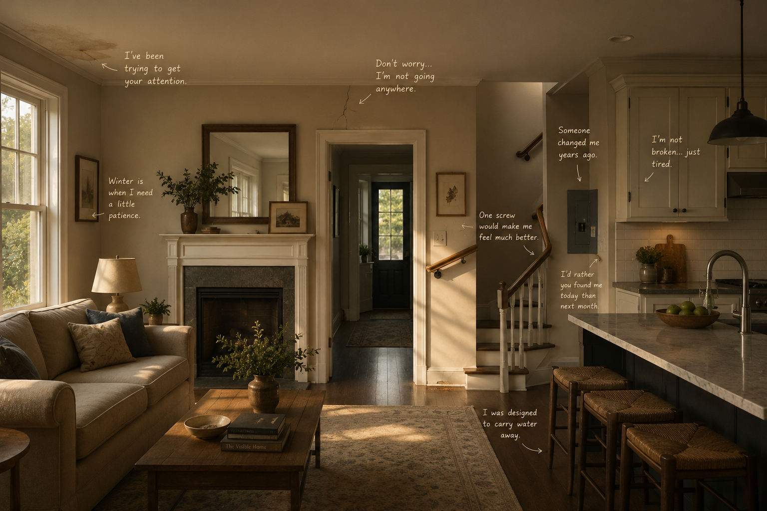A warm home interior with handwritten notes from the house pointing to seasonal patience, ceiling damage, a crack, an electrical panel, drainage, and a tired cabinet.