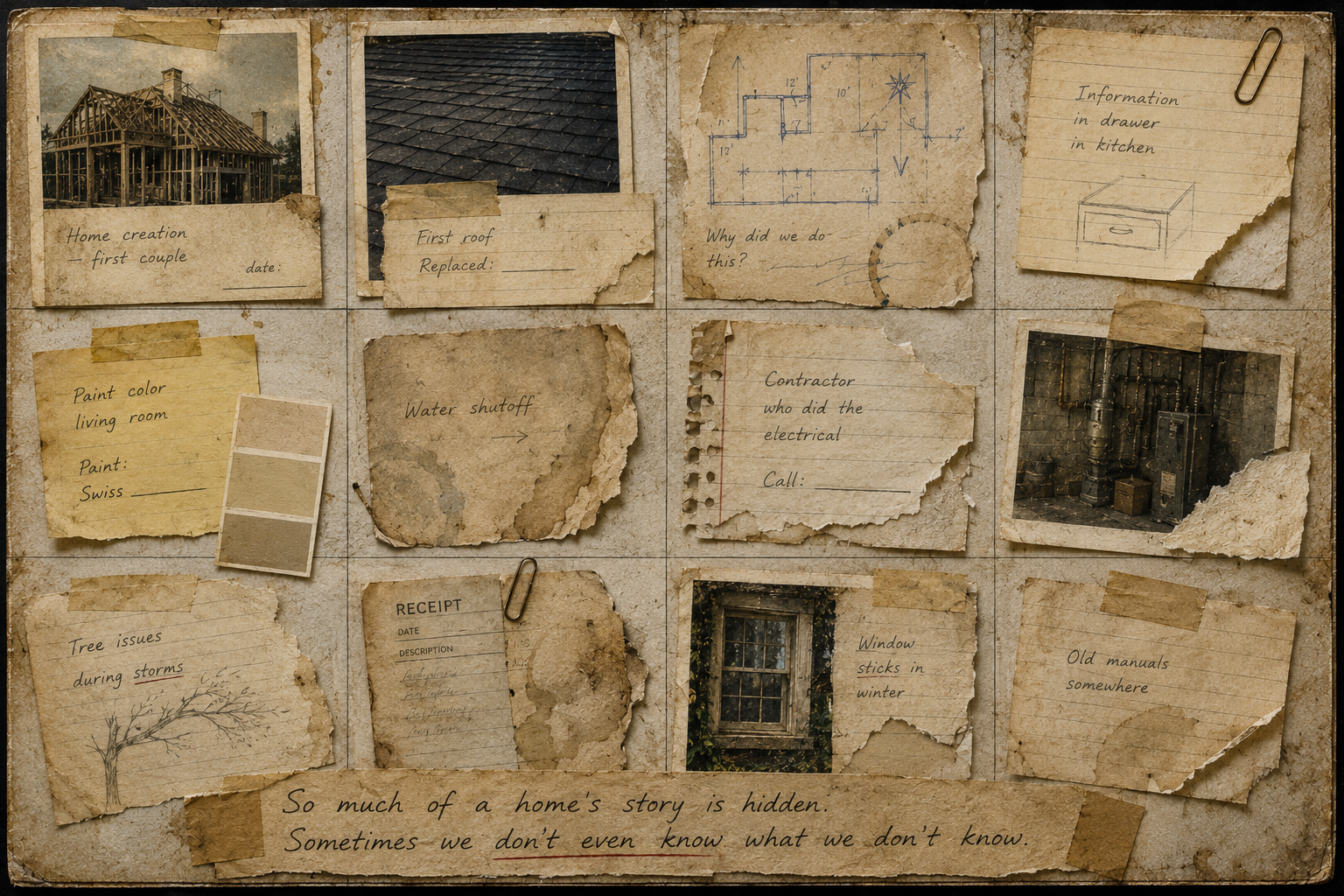 A weathered board of missing home notes, roof records, shutoff reminders, contractor scraps, receipts, window issues, and old manuals.