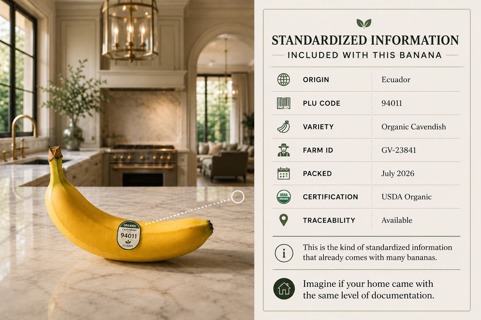 A banana on a luxury kitchen counter beside standardized origin, PLU, variety, farm ID, packed date, certification, and traceability information.