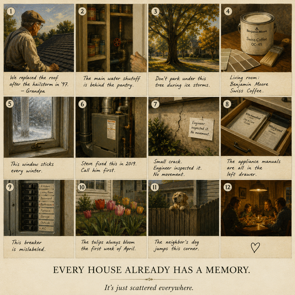 A grid of illustrated home memories including roof replacement, water shutoff location, tree warnings, paint color, furnace service, foundation notes, manuals, and family life.