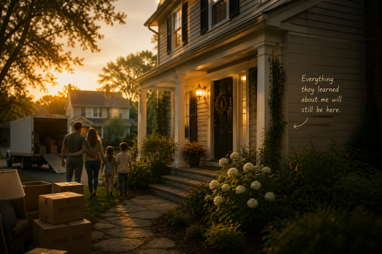 A family moving away from a warm house at sunset while a handwritten note on the siding says everything they learned about me will still be here.