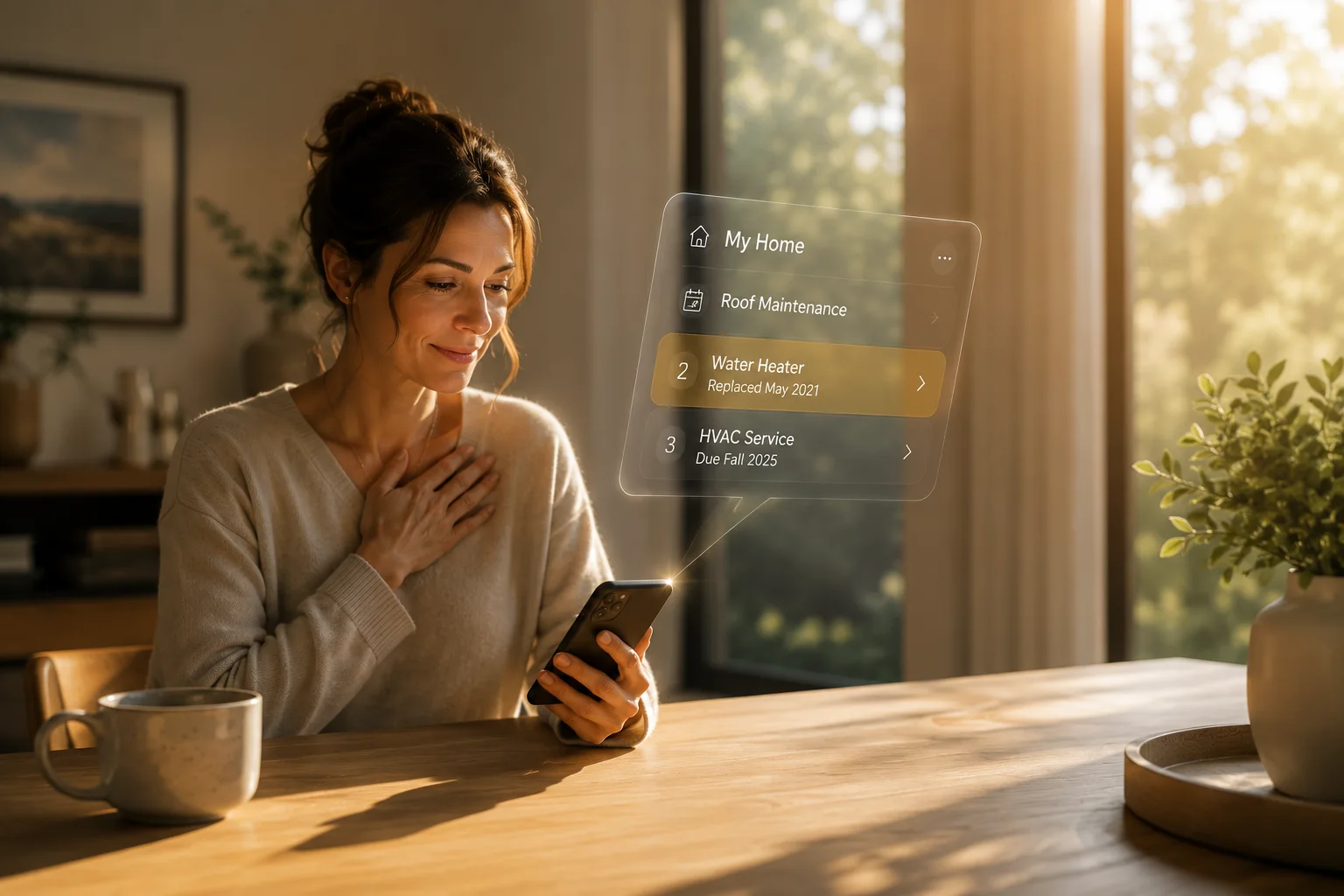 Warm editorial scene of a homeowner using a calmer home record interface that organizes roof maintenance, water heater history, and HVAC service in one place.