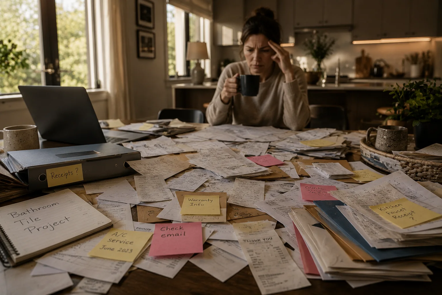 Homeowner reviewing scattered home records and digital reminders, representing the invisible operational burden of modern home technology.