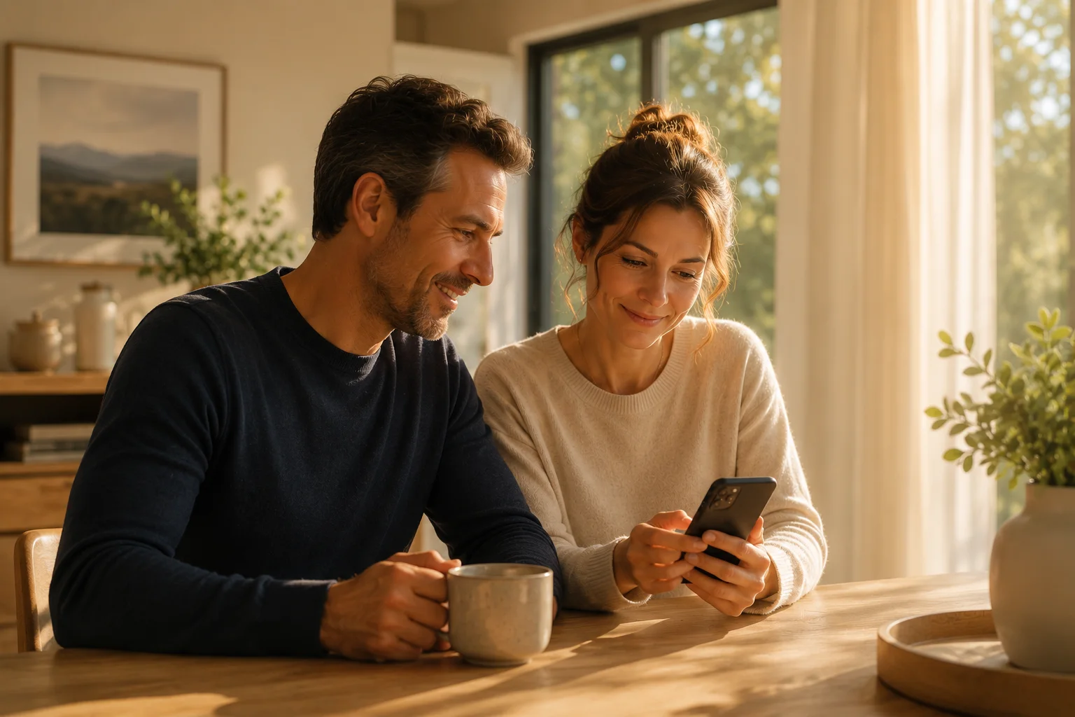 A relaxed couple reviewing home information together in warm natural light, suggesting a calmer future for homeownership.