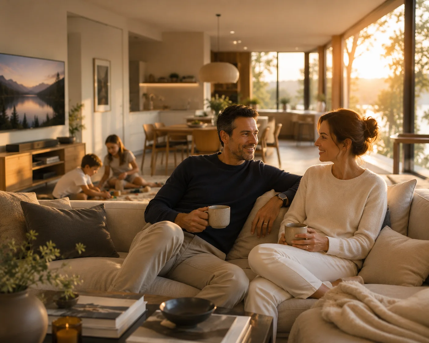Family relaxing in a warm peaceful home at golden hour, representing a calmer and more humane future for home technology.
