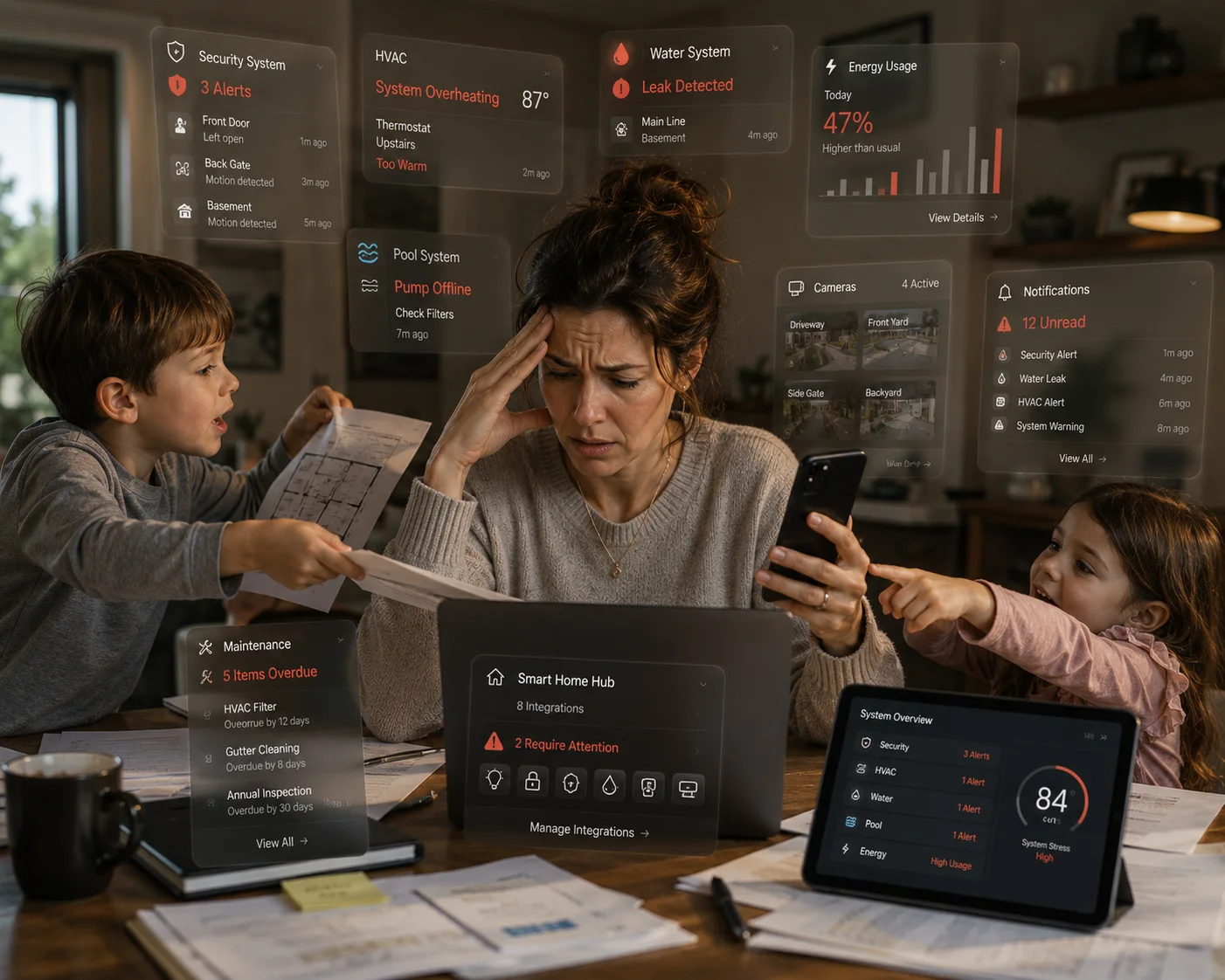 A homeowner surrounded by urgent smart-home alerts, paperwork, and household demands, showing how home management can become mentally overwhelming.