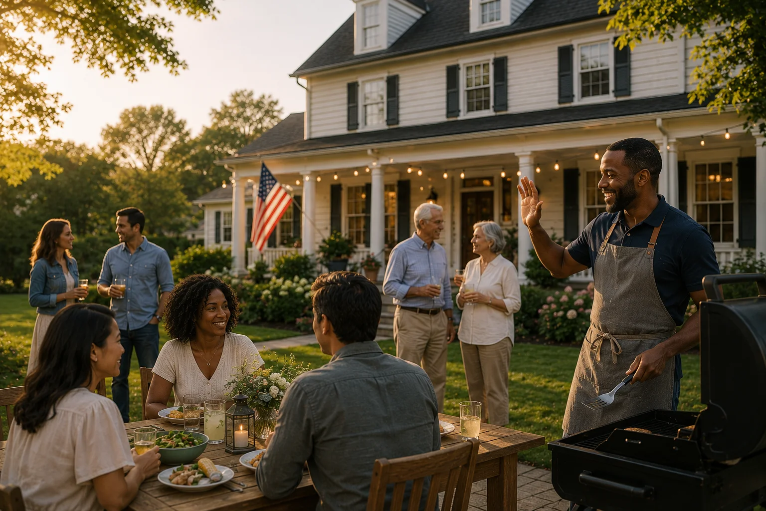 Friends, neighbors, and multiple generations enjoying a relaxed backyard gathering outside a beautifully maintained American home at golden hour.