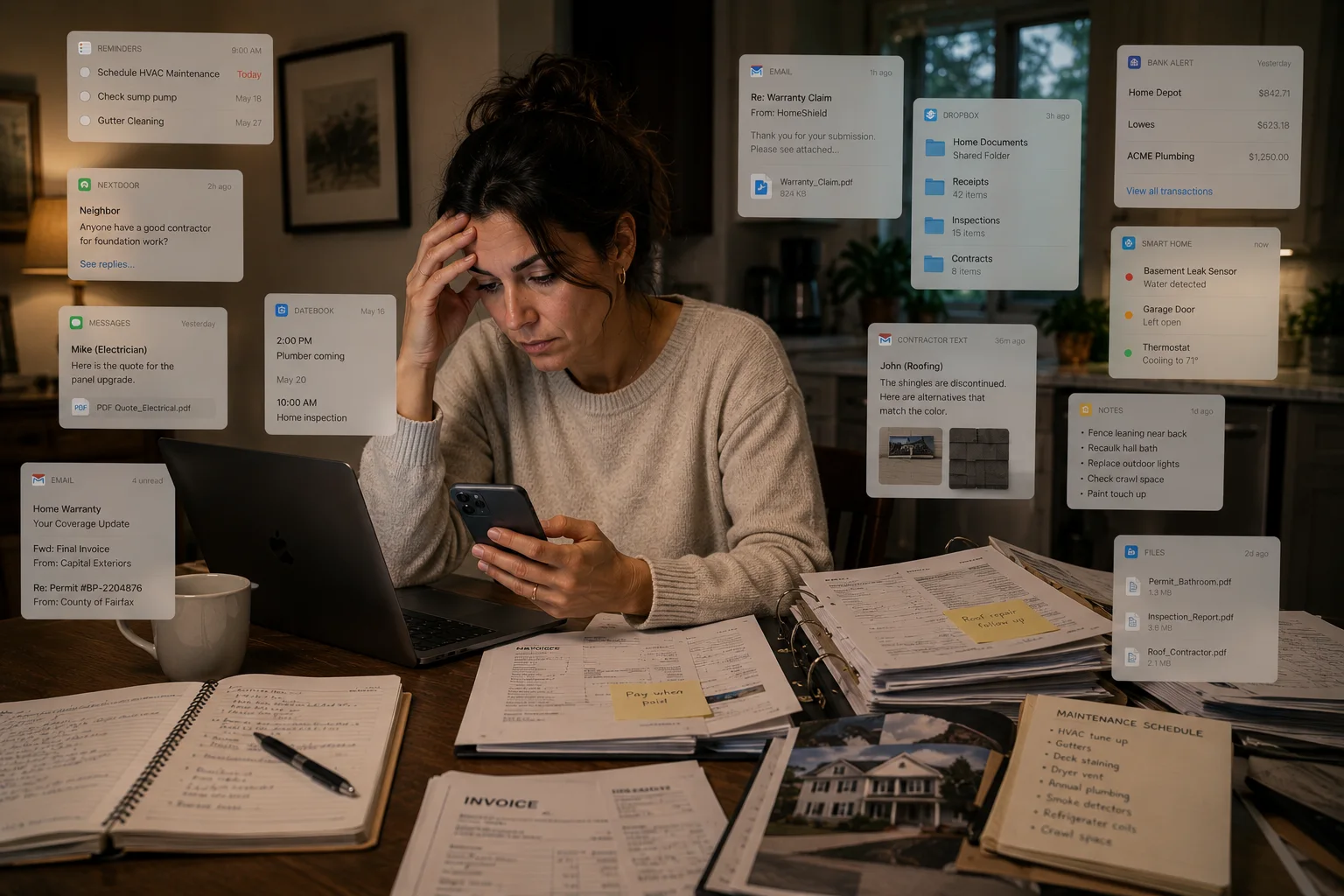 Homeowner navigating disconnected maintenance records, contractor messages, smart-home alerts, invoices, and household documents late at night.