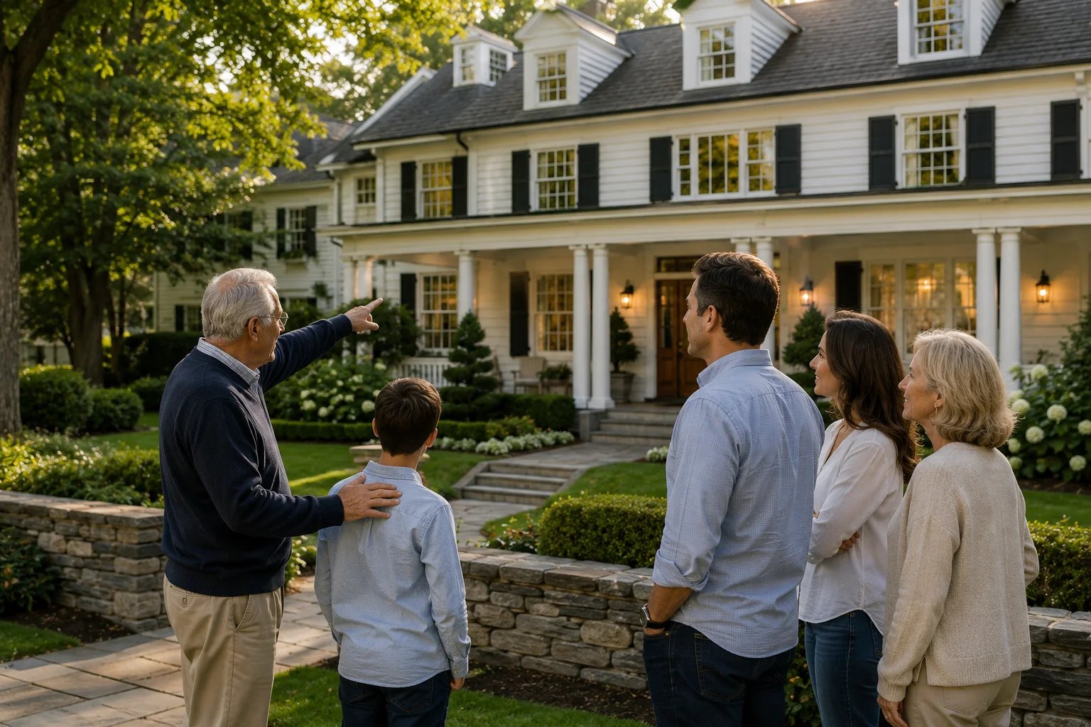 Multi-generational family outside a beautifully maintained historic-style home while an older homeowner shares knowledge and stewardship wisdom with younger generations.