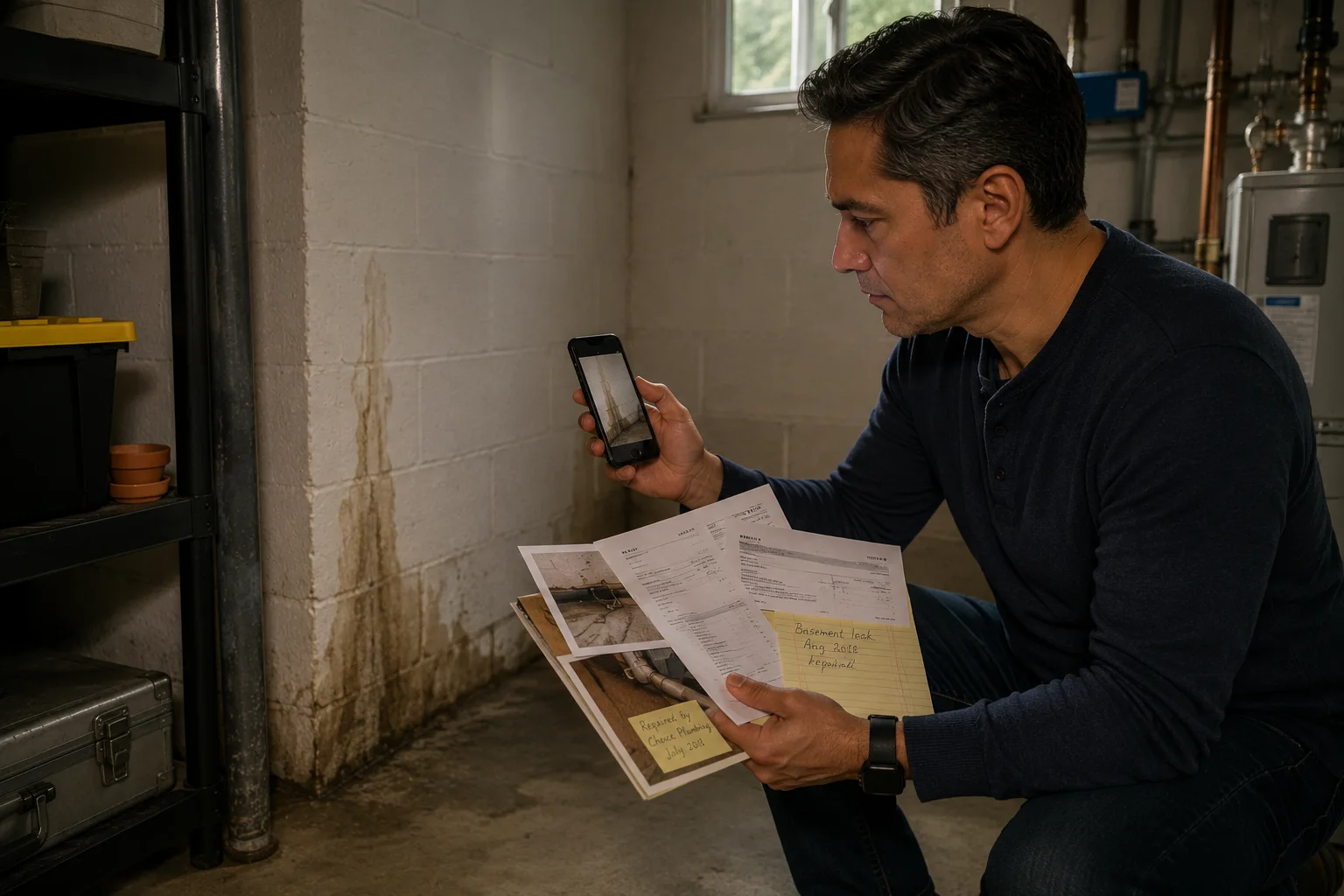 Homeowner reviewing past repair records while inspecting recurring basement water damage in a residential utility room.