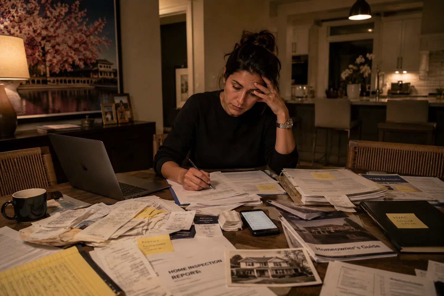 Homeowner reviewing fragmented household records and maintenance history late at night in a warm DMV-style home.