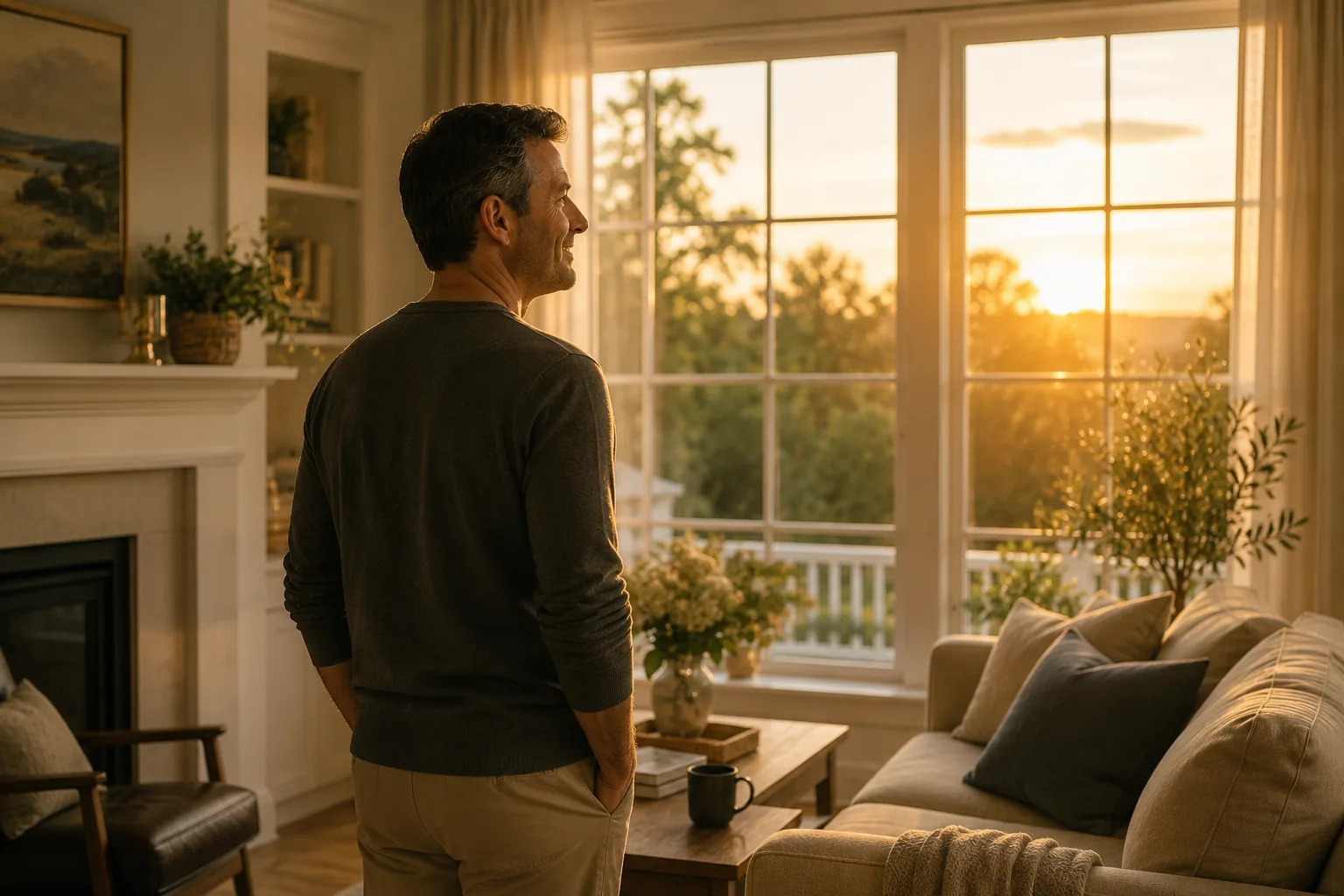 Homeowner standing peacefully in a golden-hour living room, suggesting relief and safety at home.