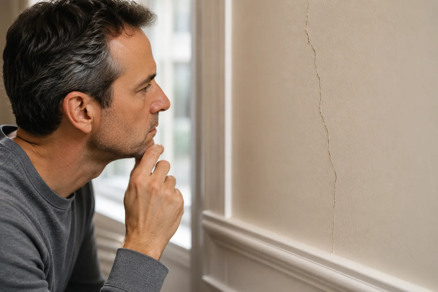 Homeowner examining a small wall crack and wondering whether it is normal or getting worse.