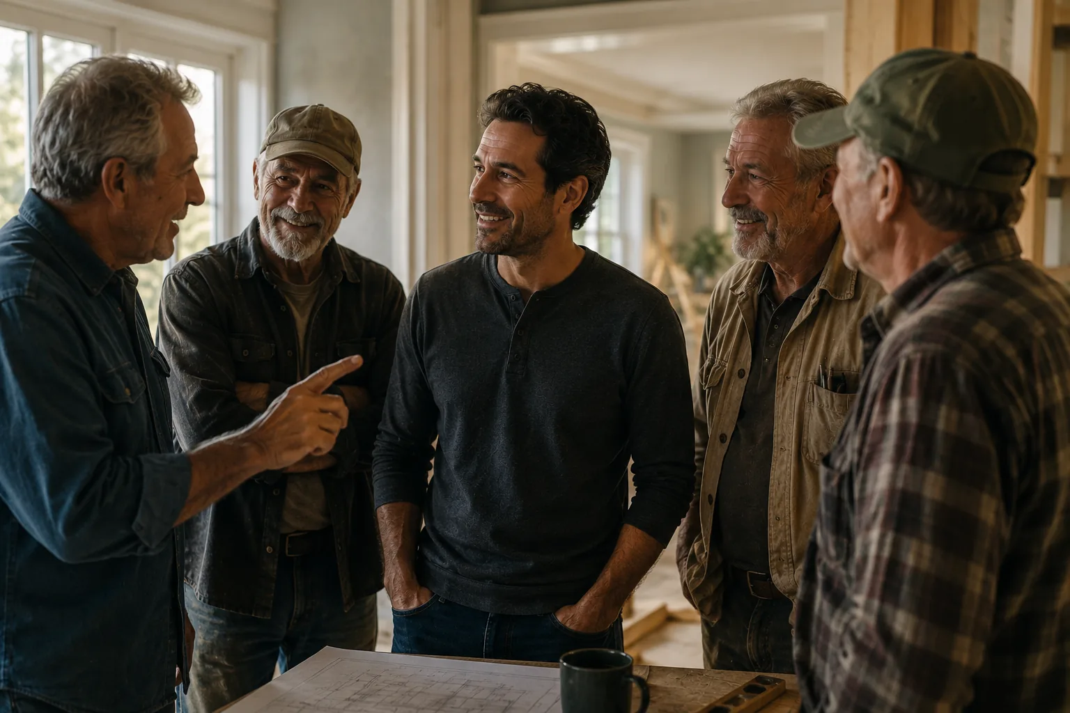 Homeowner receiving calm guidance from experienced trusted advisors inside a home.