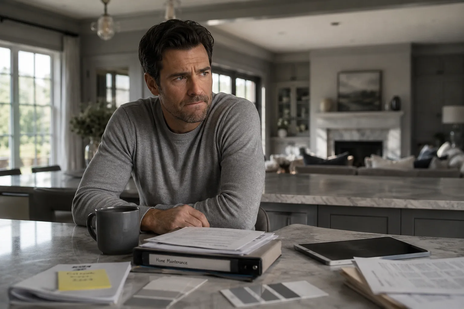 Homeowner sitting in a calm kitchen with maintenance papers nearby, showing the quiet weight of homeownership.