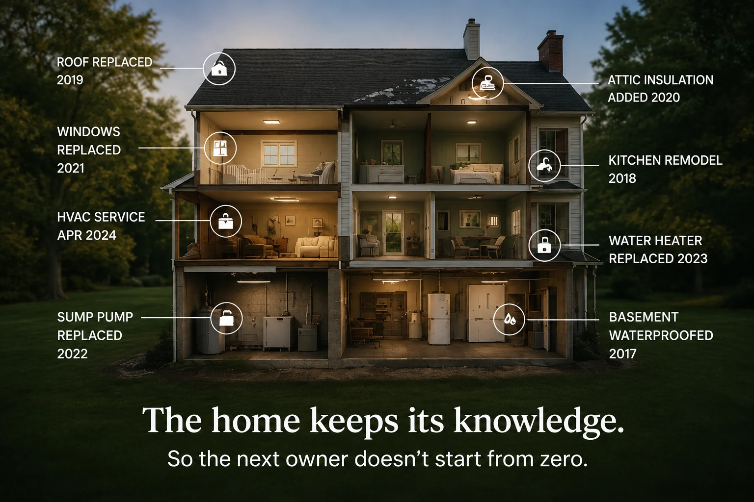 Cutaway view of a house labeled with roof, window, HVAC, water heater, basement, insulation, and remodeling history.