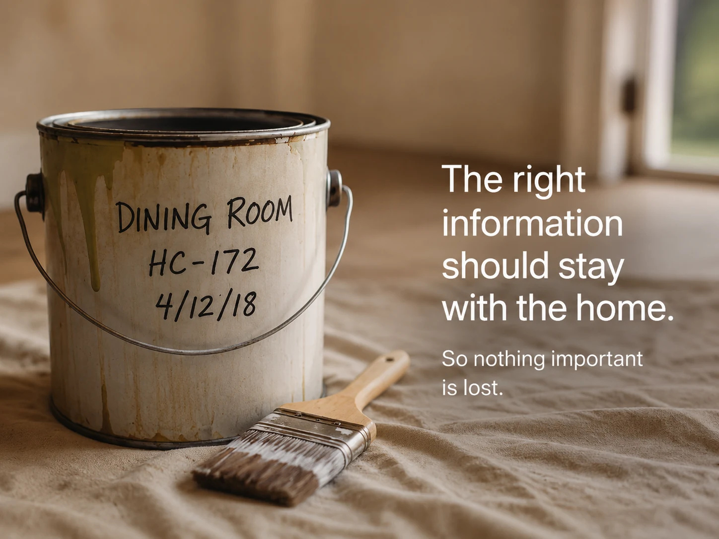 Old paint can labeled with a dining room paint code and date, illustrating useful home information that should remain with the property.