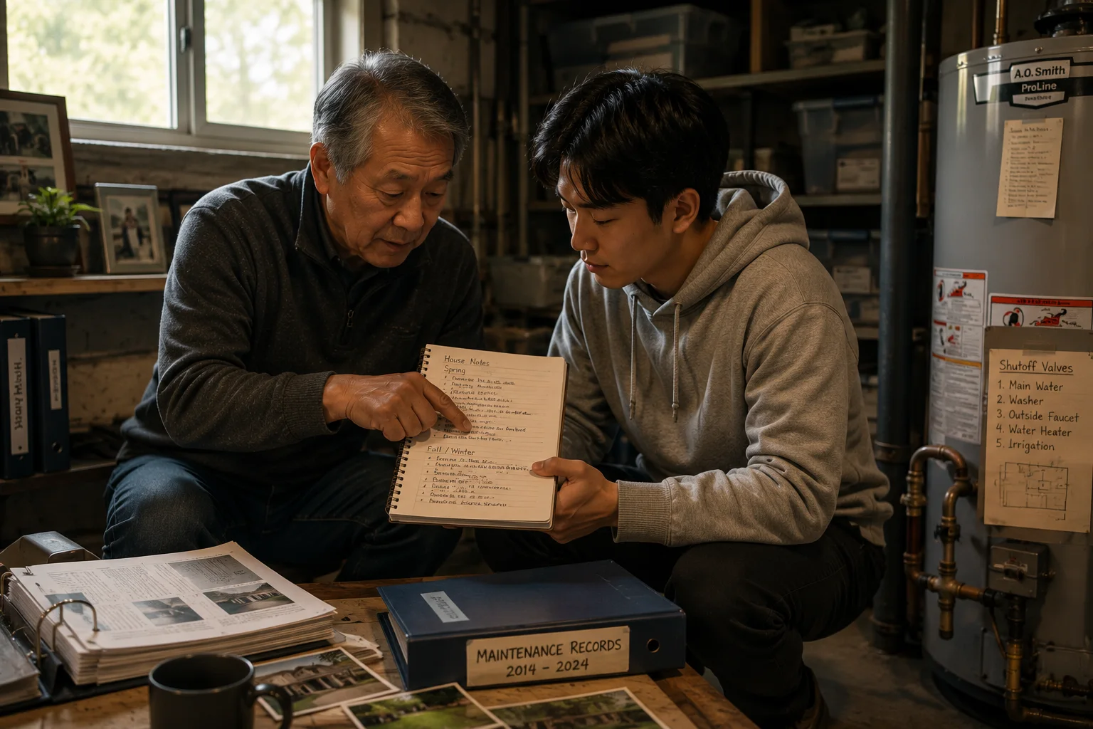 An older homeowner sharing maintenance notes with a younger family member beside home records and mechanical systems.