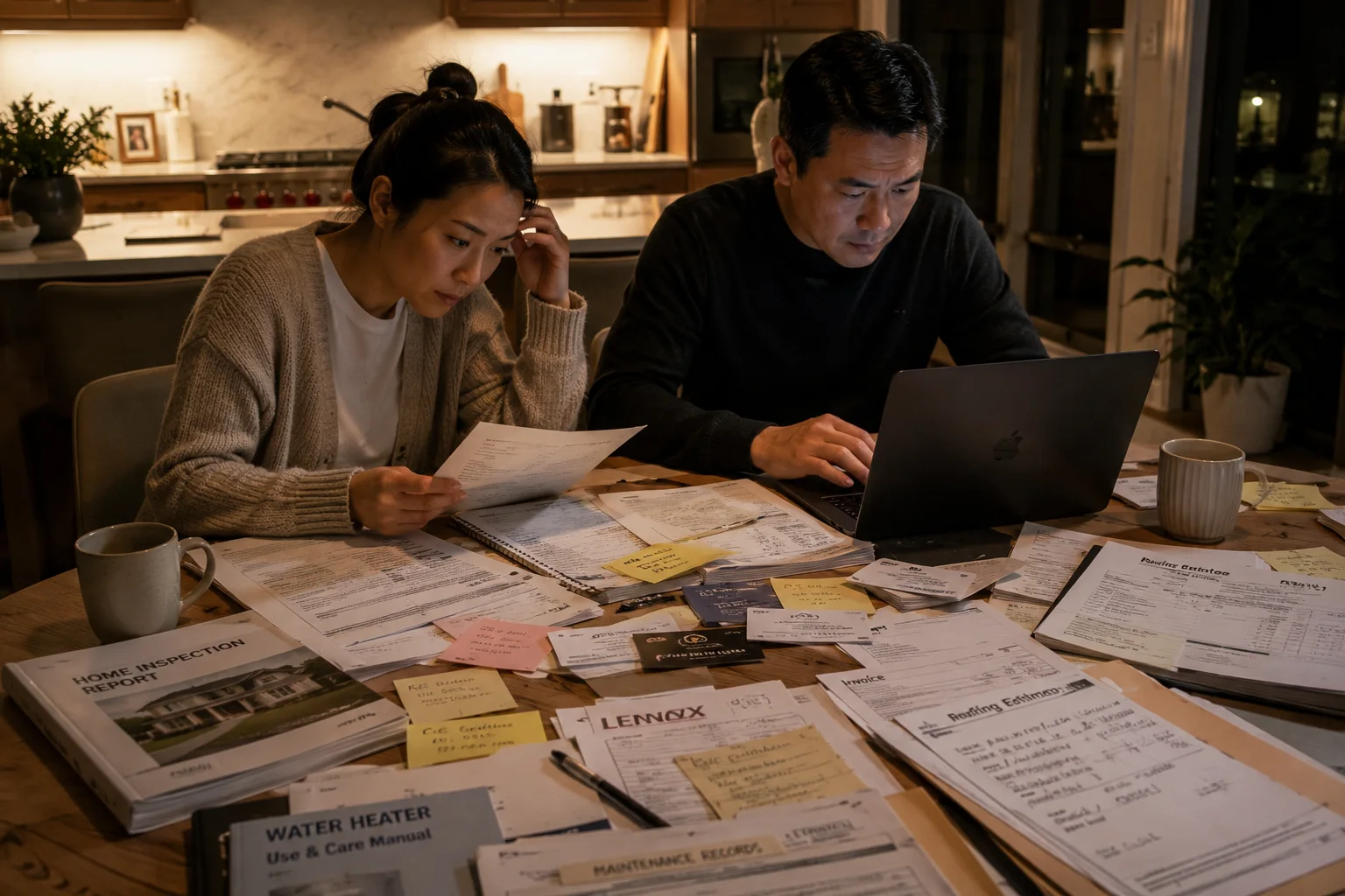 A homeowner reviewing scattered inspection reports, invoices, manuals, notes, and home records across a kitchen table at night.