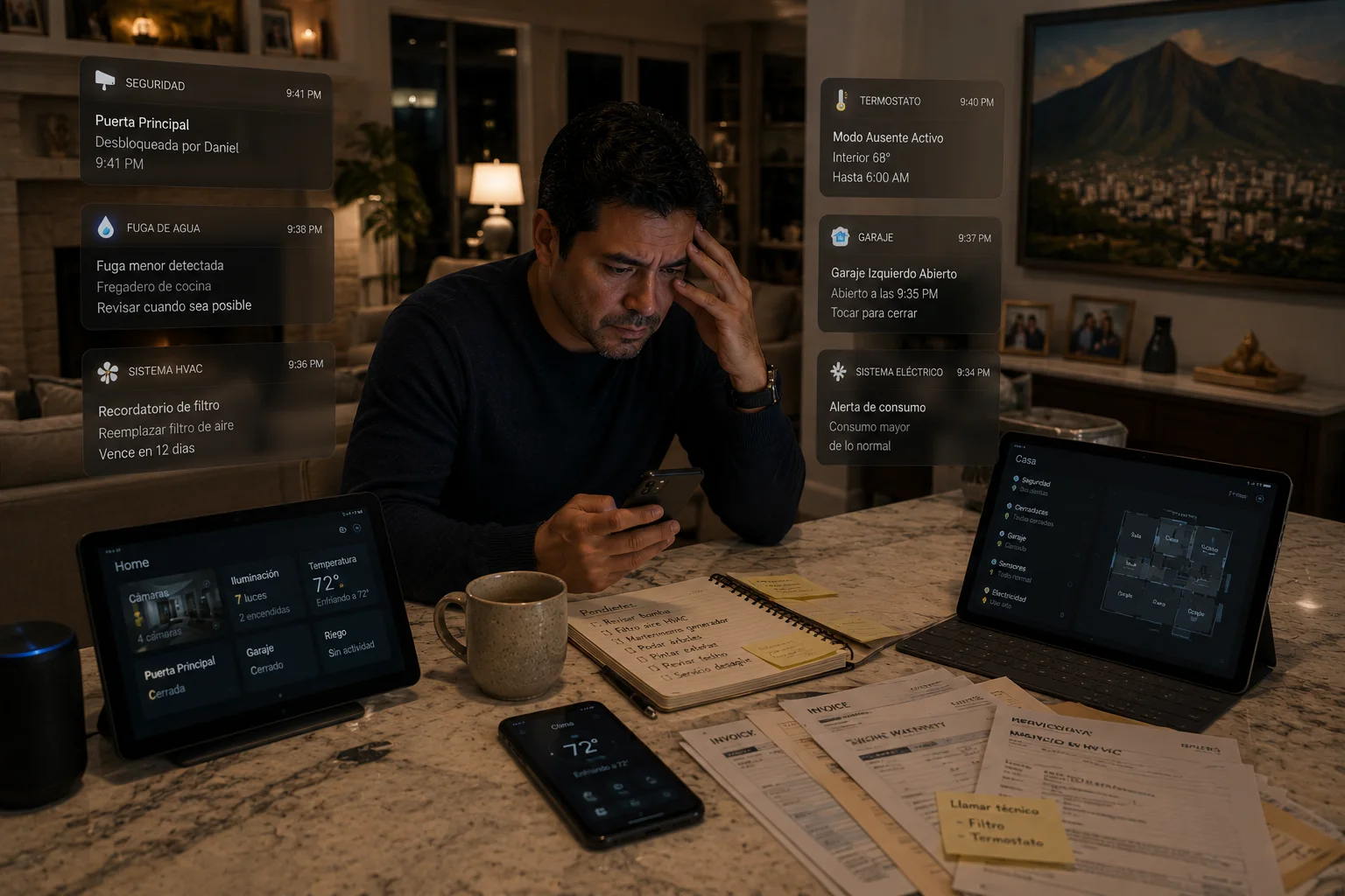 A homeowner surrounded by device dashboards, alerts, paperwork, and home records, showing how more data can create less clarity.