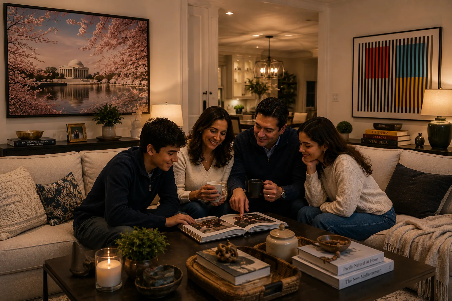 A family relaxing together in a warm Potomac-area living room with cherry blossom imagery and modern Venezuelan-inspired artwork.