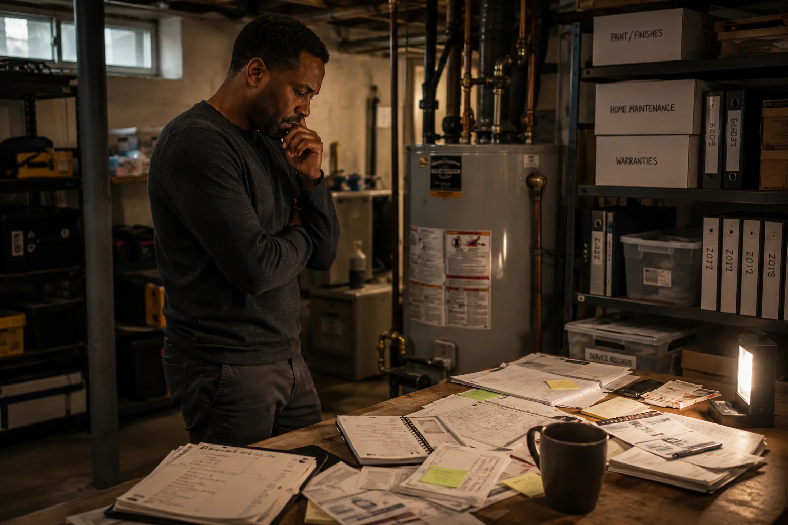 A homeowner surrounded by smart-home alerts, paperwork, and maintenance notes, representing the invisible cognitive burden of modern homeownership.