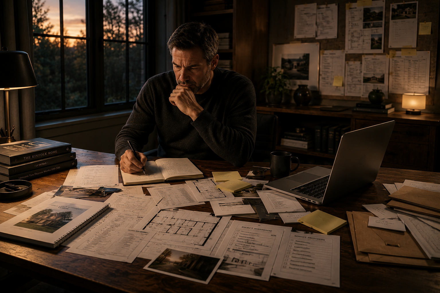 A homeowner reviewing scattered home records and notes at a desk in warm evening light.
