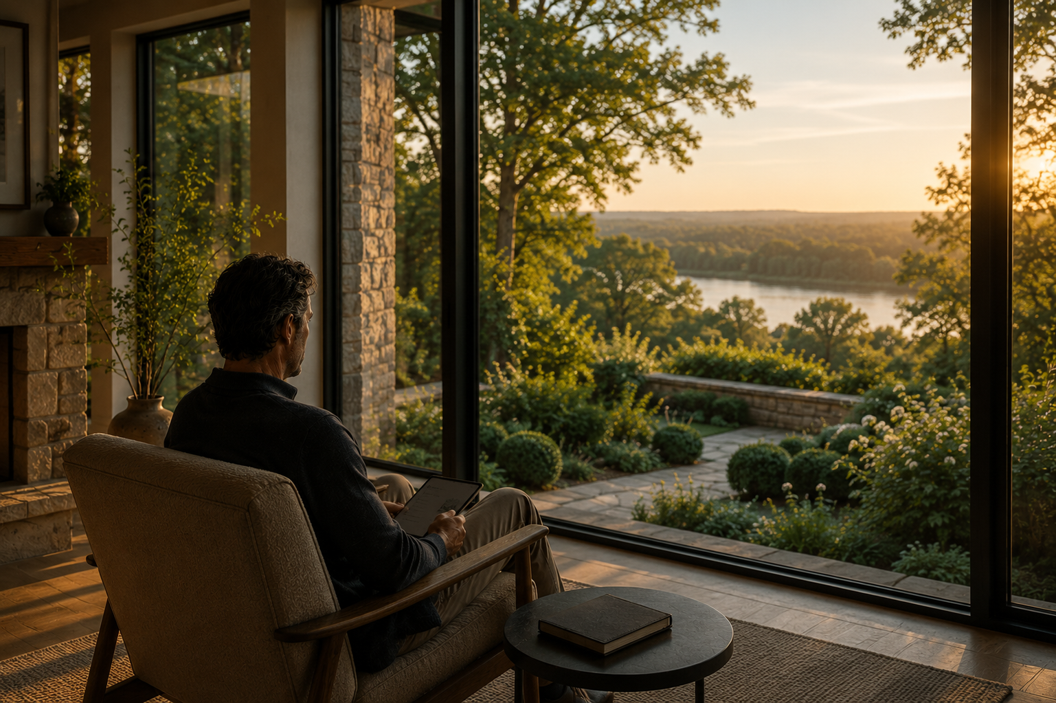 A homeowner sitting near a large window overlooking a garden and Potomac landscape at golden hour.
