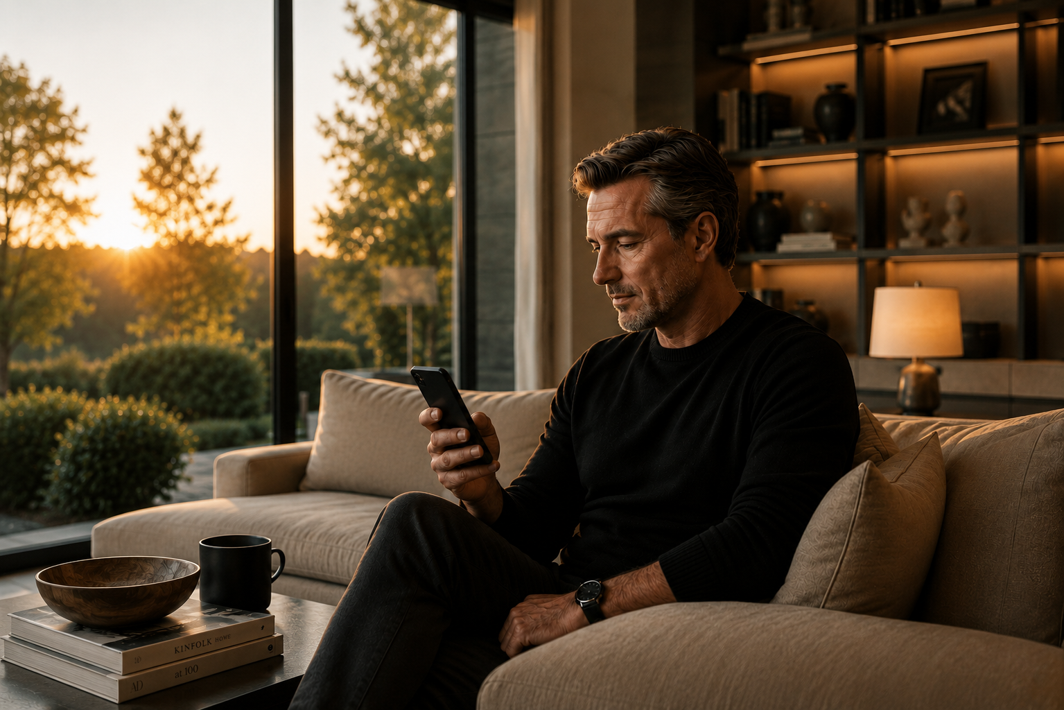 A calm homeowner reviewing a home record on a phone in warm natural light.